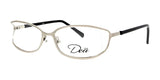 The DEA Eyewear CATALINA eyeglasses feature a chic silver frame complemented by sleek black arms, made from premium materials. The DEA Eyewear brand adorns the right lens, adding a refined touch to your daily style.