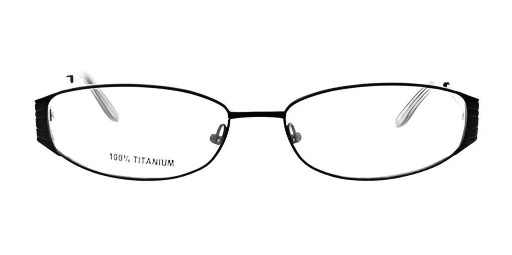 The DEA Eyewear CELIA Eyeglasses, available in size 57, are a stylish pair of oval-shaped titanium eyeglasses featuring sleek thin black frames.