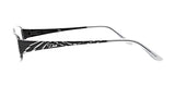 A side view of the DEA Eyewear CELIA Eyeglasses, size 57, highlights a chic black and silver design with an elegant white pattern adorning the temples.