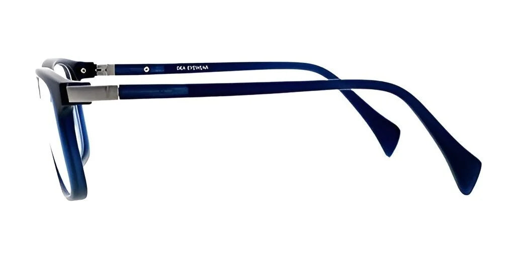 Side view of the stylish DEA Eyewear DALLAS eyeglasses featuring rectangular frames in blue, ideal for women's eyewear, set against a white background.