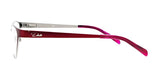 Side view of DEA Eyewear DONA Eyeglasses from DEA Eyewear, showcasing a full-rim cat eye design in pink and silver featuring a thin metal frame and transparent lenses. Size 57.