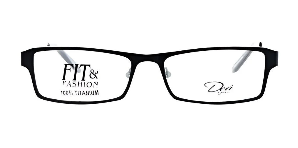 Black rectangular eyeglass frames with clear lenses, featuring the label "FIT & FASHION" and "100% Titanium" on the left lens. These stylish DEA Eyewear EULA Eyeglasses in Size 53 combine modern design with durability for a sleek, contemporary look.