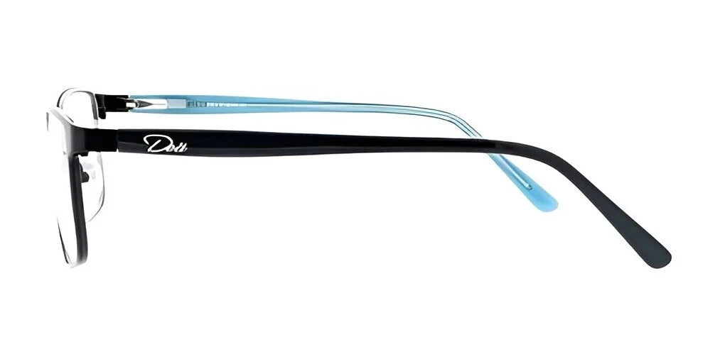 Side view of black and blue cat eye eyeglasses with the DEA Eyewear EYE LOVE logo on the temple, available in size 58.