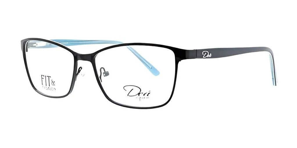 The DEA Eyewear EYE LOVE eyeglasses, in size 58, feature black square frames with light blue inner temples and brand logos on the lenses. These stylish frames are ideal for those who value understated elegance and exceptional craftsmanship.