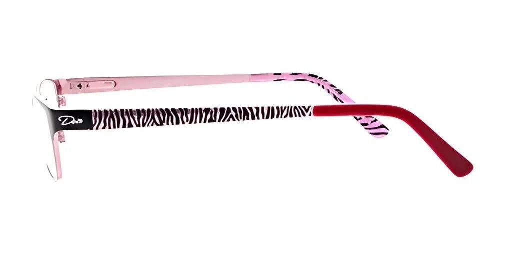 The DEA Eyewear FELISA Eyeglasses in size 53 feature a fashionable zebra print frame with bold pink arms and eye-catching red tips, showcasing the premium full-rim design that defines DEA Eyewear.