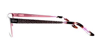 Side view of the stylish pink and black DEA Eyewear ILARIA Eyeglasses, size 55, showcasing intricately patterned arms with "DEA Eyewear" elegantly inscribed on the temple.