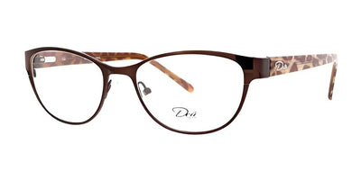 The DEA Eyewear LEORA Eyeglasses in size 53 boast chic brown cat-eye frames paired with leopard print arms and clear lenses, adding a trendy flair to any ensemble.