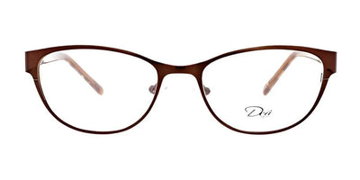 The DEA Eyewear LEORA Eyeglasses in size 53 are designed with a brown cat-eye shape and clear lenses, elegantly displayed on a white backdrop. These fashionable glasses from DEA Eyewear seamlessly combine classic charm with contemporary style.