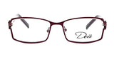 Red-framed rectangular LILLY eyeglasses from DEA Eyewear, featuring "Dea" elegantly etched on the right lens, capturing the stylish essence of the brand.