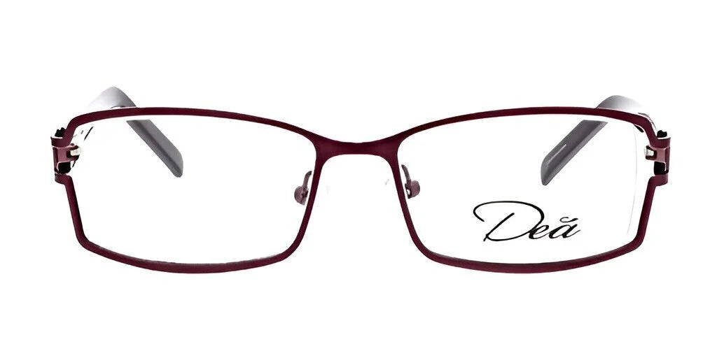 Red-framed rectangular LILLY eyeglasses from DEA Eyewear, featuring "Dea" elegantly etched on the right lens, capturing the stylish essence of the brand.