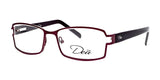 The DEA Eyewear LILLY eyeglasses, featuring a dark red rectangular frame, prominently display the brand name on the lens, capturing the chic essence of DEA Eyewear.