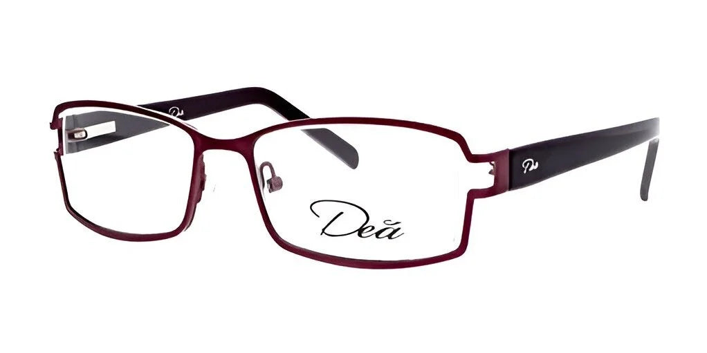 The DEA Eyewear LILLY eyeglasses, featuring a dark red rectangular frame, prominently display the brand name on the lens, capturing the chic essence of DEA Eyewear.