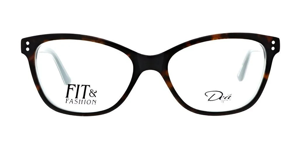 DEA Eyewear's NORA Eyeglasses in size 54 feature tortoiseshell frames and display the phrases "Fit & Fashion" and "Dia" on the lenses, providing a stylish twist on the classic design.