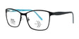 The DEA Preferred ACCERA Eyeglasses, boasting a stylish cat eye design, display black frames with fashionable blue accents on the inner arms against a clean white background.