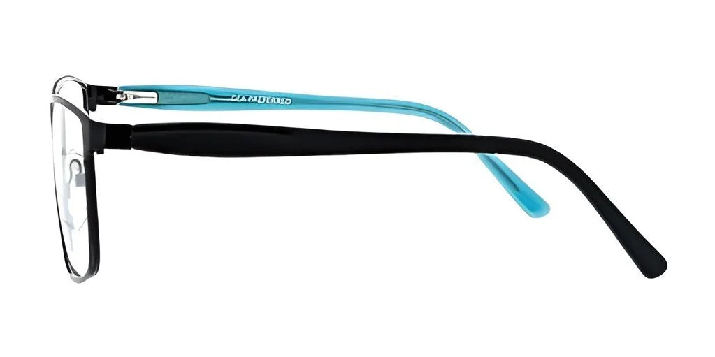 Side view of the DEA Preferred ACCERA eyeglasses in size 58, showcasing a sleek black rectangular frame with vibrant blue temple arms.