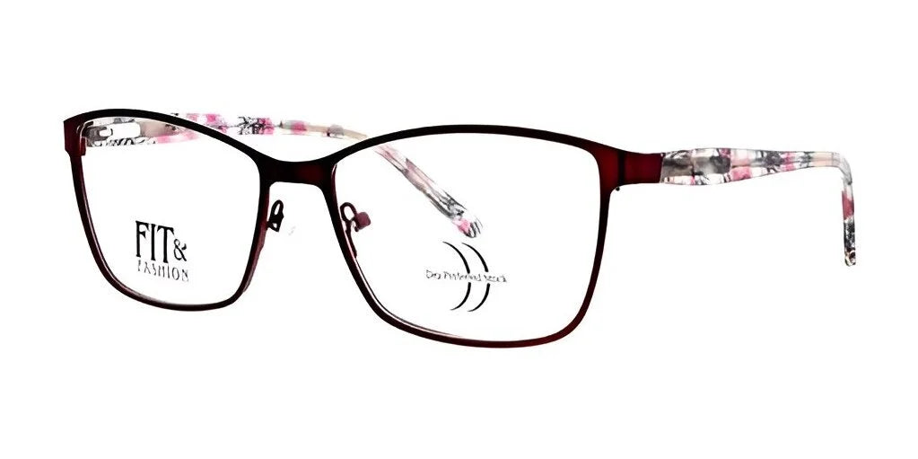 Explore the fashionable DEA Preferred ACCERA Eyeglasses, featuring striking red cat-eye frames, uniquely patterned temples, and clear lenses adorned with the "FIT & FASHION" text on the left lens. Perfect for those who desire high-quality eyeglasses with a stylish touch.