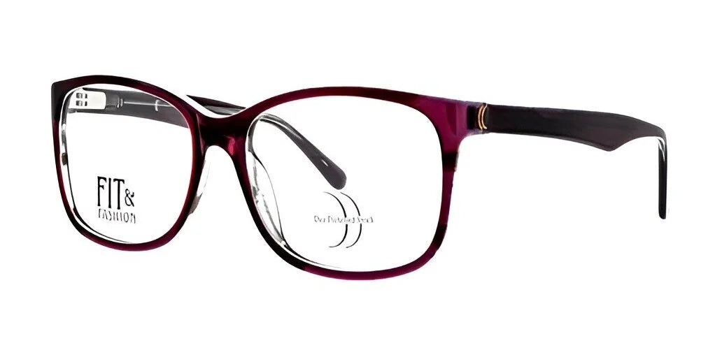 Chic and stylish, these purple rectangular eyeglasses feature the "FIT & FASHION" text on the left lens. Displayed on a pristine white background, they embody the essence of DEA Preferred ANGELA Eyeglasses | Size 58, making them a must-have accessory for fashionable women everywhere.