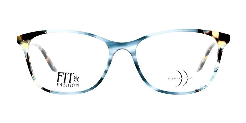 The DEA Preferred BARI Eyeglasses | Size 60, in blue tortoise shell cat eye design, showcase the "Fit & Fashion" logo on the left lens and feature elegant curved lines on the right lens, culminating in a perfect blend of style and flair.