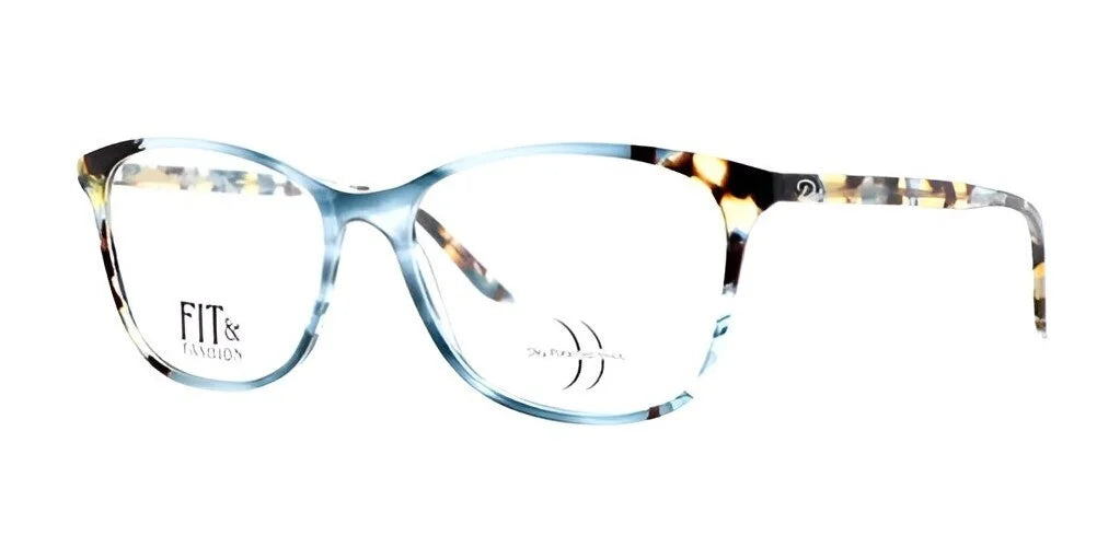 DEA Preferred BARI Eyeglasses in a tortoiseshell and light blue pattern feature trendy cat eye frames with "FIT FASHION" text on the lens, offering a stylish full-rim design.