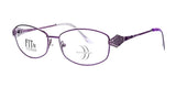 The DEA Preferred BETH Eyeglasses, available in size 58, feature purple and stylish eyewear with sleek titanium frames and patterned temple tips, beautifully highlighted from both front and side views.