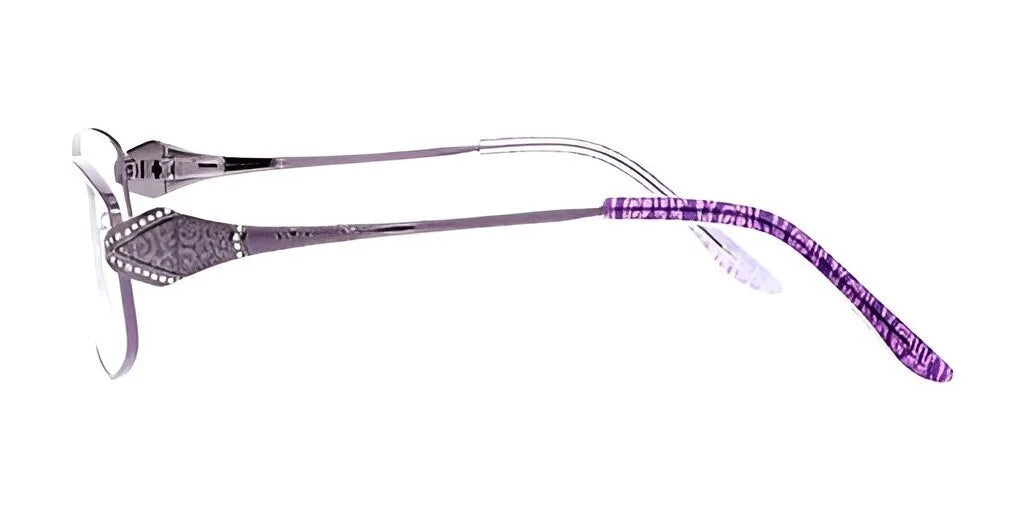 The DEA Preferred BETH Eyeglasses, Size 58, feature a stylish side view with a thin titanium frame, elegantly designed with decorated metal and complemented by purple temple tips—a true statement in fashionable eyewear.