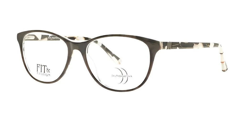 The DEA Preferred BOLZANO Eyeglasses, Size 57, showcase a stylish full-rim cat-eye design adorned with an eye-catching black and white marbled pattern on both the frame and temples.