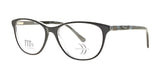 The DEA Preferred BOLZANO Eyeglasses in Size 57 boast a sophisticated design, featuring black cat-eye frames with translucent arms and clear lenses. The full-rim style is enhanced with a subtle pattern detail on the frame.