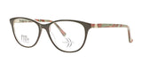 Experience elegance with the DEA Preferred BOLZANO Eyeglasses, featuring a chic cat-eye design that includes dark full-rim frames and distinctive patterned red and green temples, beautifully adorned with the words "FIT" and "FASHION.