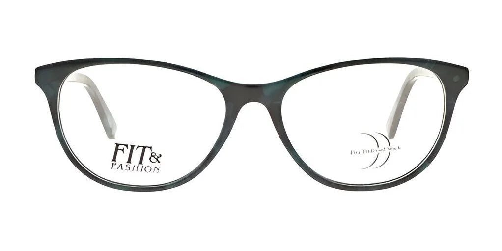 The DEA Preferred BOLZANO Eyeglasses, featuring size 57 cat-eye black full-rim frames, prominently display the "Fit & Fashion" logo on one lens, capturing the sophisticated style of Bolzano Eyeglasses.