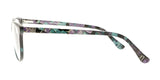 Side view of DEA Preferred BOLZANO Eyeglasses | Size 57, featuring a colorful geometric-patterned, full-rim frame in shades of purple, teal, and black.