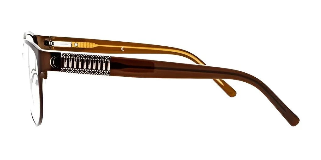 Side view of the DEA Preferred FORLI Eyeglasses in Size 58, showcasing a stylish cat-eye design with brown arms accented by decorative metal spring details and translucent lenses.