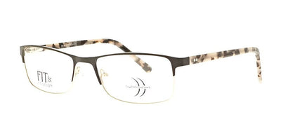 The DEA Preferred MESSINA eyeglasses, designed for the sophisticated woman, feature a sleek metal frame with rectangular, rimless lenses and chic tortoiseshell temples, all beautifully presented on a pristine white background.