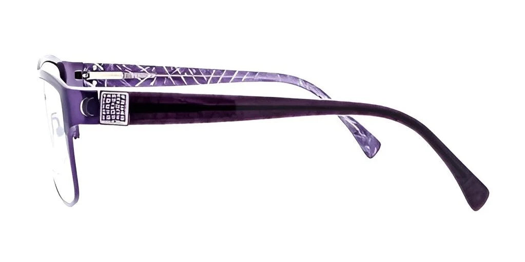 The side view of the DEA Preferred PRATO Eyeglasses showcases their sleek cat-eye design with titanium frames and a chic white pattern on the purple arms, all set against a pristine white background.