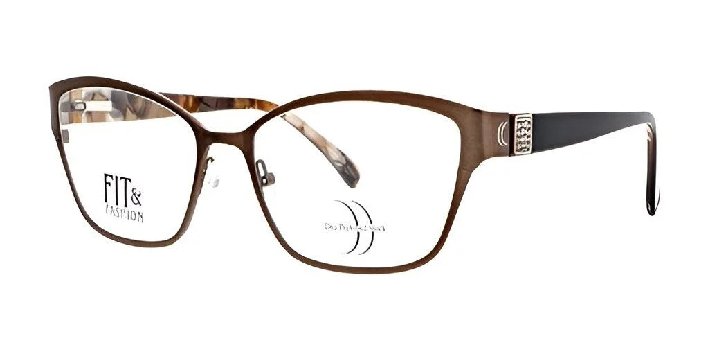 The DEA Preferred PRATO Eyeglasses | Size 60 feature a brown rectangular design with a patterned temple and "DEA Preferred" branding, boasting a sleek titanium frame for enhanced durability.