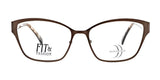 A pair of DEA Preferred PRATO Eyeglasses in a rich brown color, featuring a subtle cat-eye shape and the "Fit & Fashion" text on the left lens.