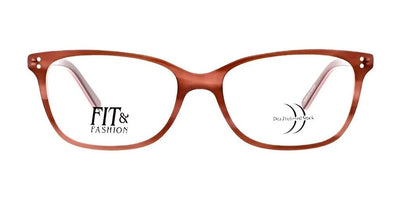 The DEA Preferred SAVONA Eyeglasses in Size 58 are stylish brown cat eye frames, featuring the text "FIT & FASHION" on the left lens and "Pro Defender Tock" on the right lens, making them ideal for women's eyewear enthusiasts.