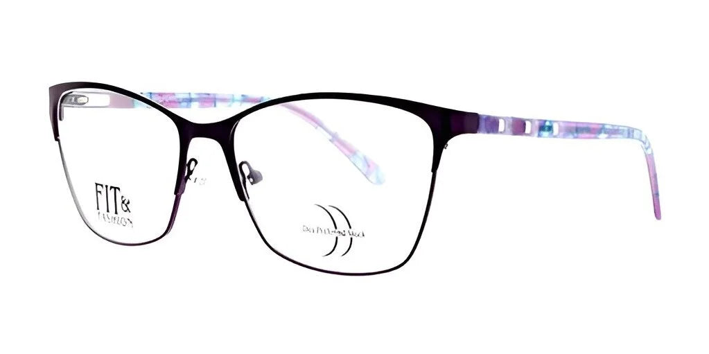 Introducing the DEA Preferred SERENA Eyeglasses | Size 59, featuring a chic browline design with a purple frame and patterned temples. These stylish eyeglasses prominently showcase "Fit & Fashion" on the lens, perfect for making a bold statement.