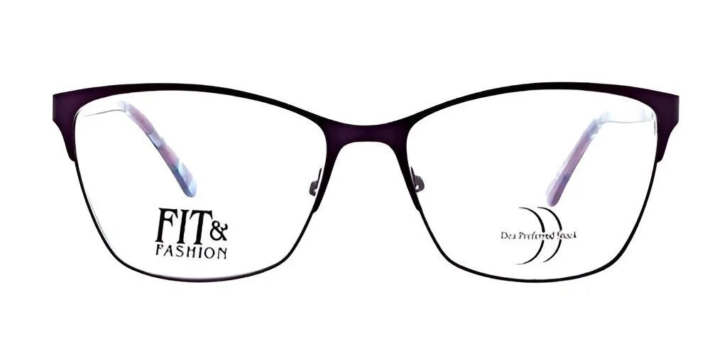 Black-rimmed browline eyeglasses featuring "FIT & FASHION" and "Dezy Premium Spect" text on the lenses, showcasing the stylish Serena Eyewear from DEA Preferred.