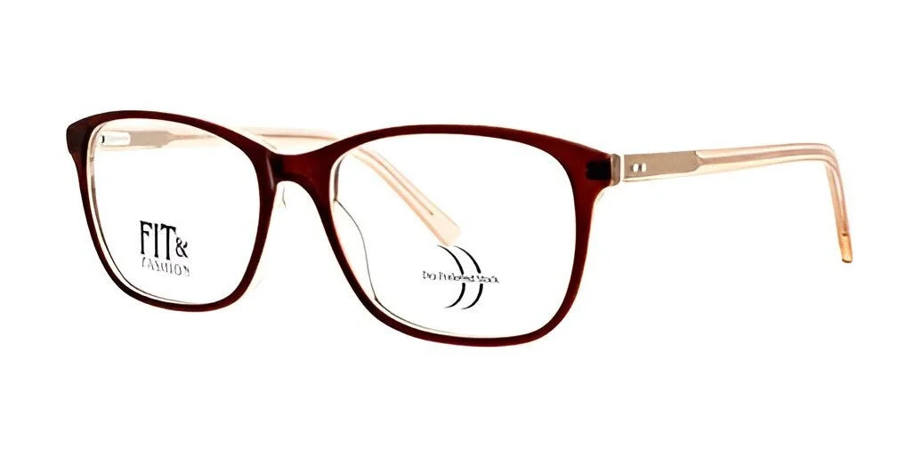 The DEA Preferred TRIESTE Eyeglasses in size 59 feature a rectangular red and beige design with "FIT & FASHION" text on the lens, providing a stylish touch while ensuring improved vision.