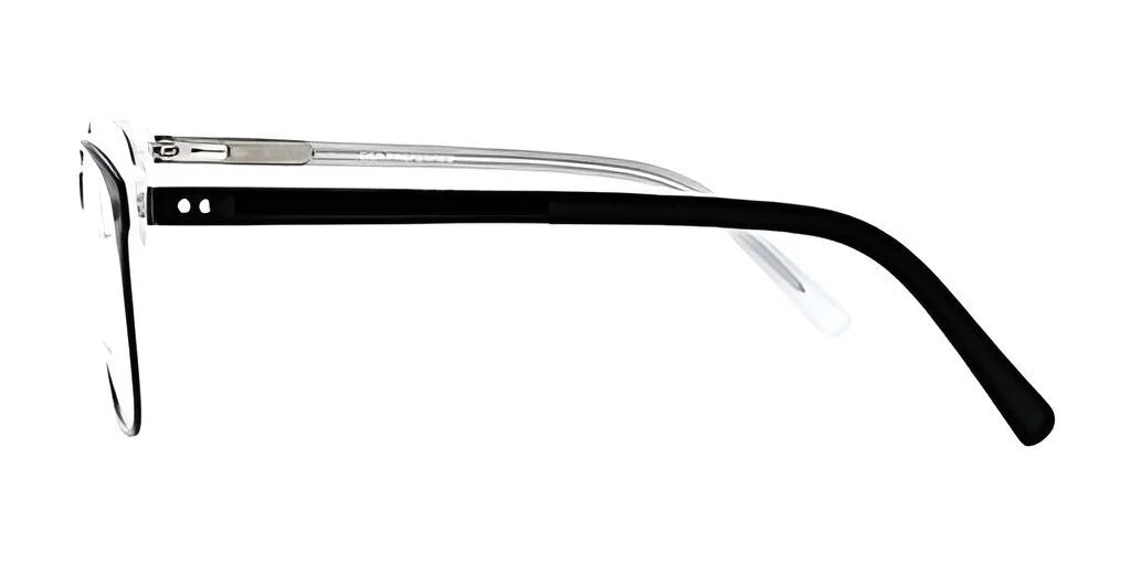 Side view of the DEA Preferred TRIESTE Eyeglasses in Size 59, featuring black frames and clear nose pads against a white background, providing enhanced vision and a chic appearance.