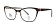 The DEA Preferred TURIN Eyeglasses in Black and Clear Cat-Eye with a branded handle detail offer both comfort and fashion, showcased on a white background.
