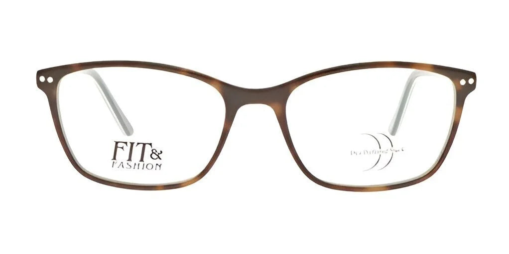 The DEA Preferred VERONA Eyeglasses, available in Size 56, boast a stylish rectangular tortoiseshell frame with "FIT & FASHION" gracefully inscribed on the left lens. These full-rim glasses offer a refined appearance ideal for individuals who prioritize both style and functionality.