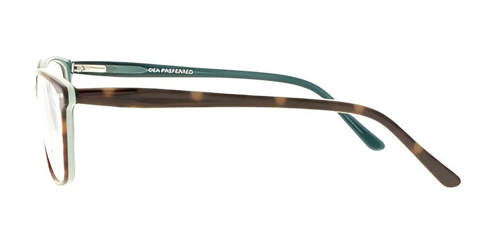 Side view of the fashionable DEA Preferred VERONA Eyeglasses, showcasing a turquoise full-rim front paired with tortoiseshell arms, elegantly set against a white background.