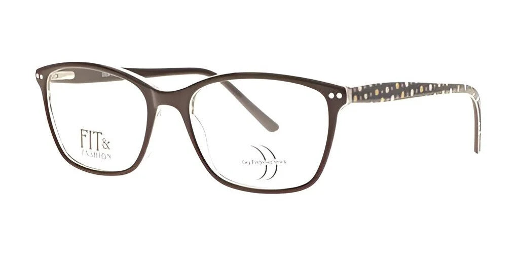 Brown and patterned DEA Preferred VERONA Eyeglasses with square lenses, showcasing a stylish cat eye design and "Fit & Fashion" branding.