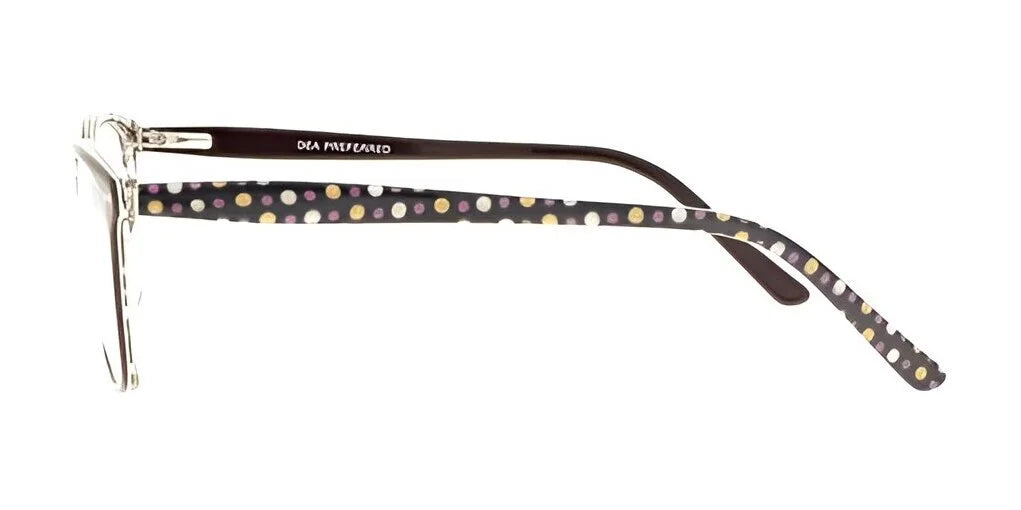 Discover the DEA Preferred VERONA Eyeglasses in size 56: stylish cat eye frames featuring sleek full-rim metal rims and black arms highlighted by vibrant multicolored polka dots.