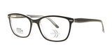 The DEA Preferred VERONA Eyeglasses in size 56 feature black, rectangular frames with clear lenses, a slight side angle, and a full-rim design.