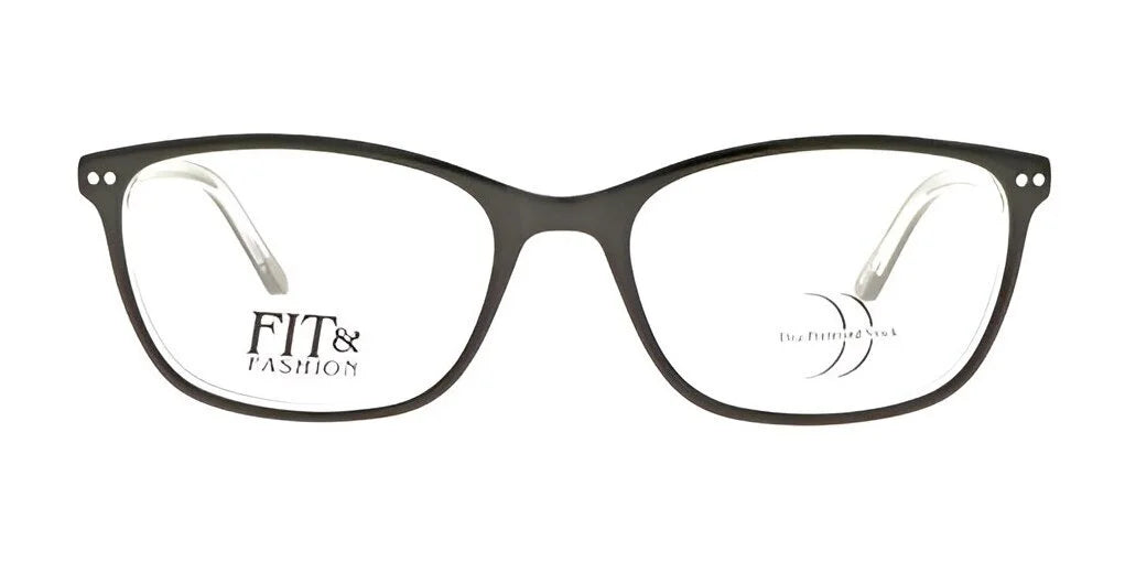 The DEA Preferred VERONA Eyeglasses, available in size 56, feature black rectangular frames with clear lenses and are adorned with the "Fit & Fashion" emblem on the left lens. Their full-rim design offers a sleek look that perfectly blends style and sophistication.