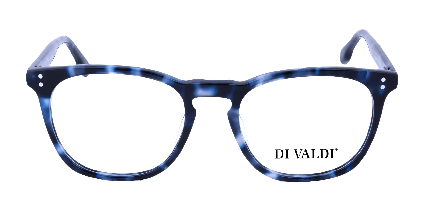 Di Valdi DVO8123 Eyeglasses in blue and black cat eye design with "DI VALDI" branding on the right lens. Stylish and prescription ready for everyday wear. Size 52.