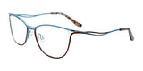 The EasyClip EC546 Eyeglasses blend modern style with functionality, featuring thin brown and blue frames, curved temples, and translucent nose pads. They include a convenient clip-on attachment that allows a seamless transition to polarized sunglasses, offering both style and versatility in one elegant package.