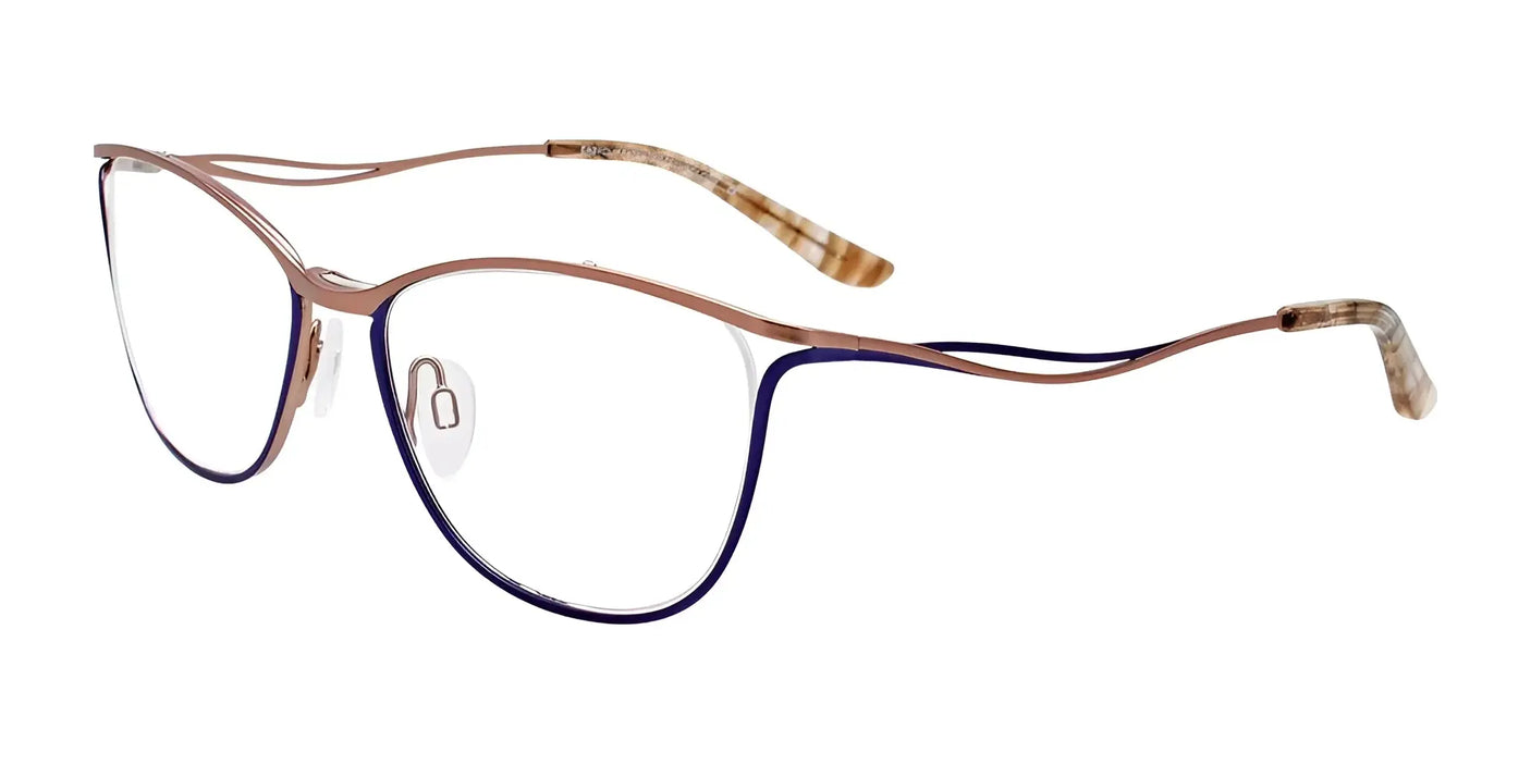 Experience luxury eyewear with the sophisticated EasyClip EC546 eyeglasses. These stylish brown and blue frames feature a thin metal design and translucent nose pads, offering both elegance and functionality.